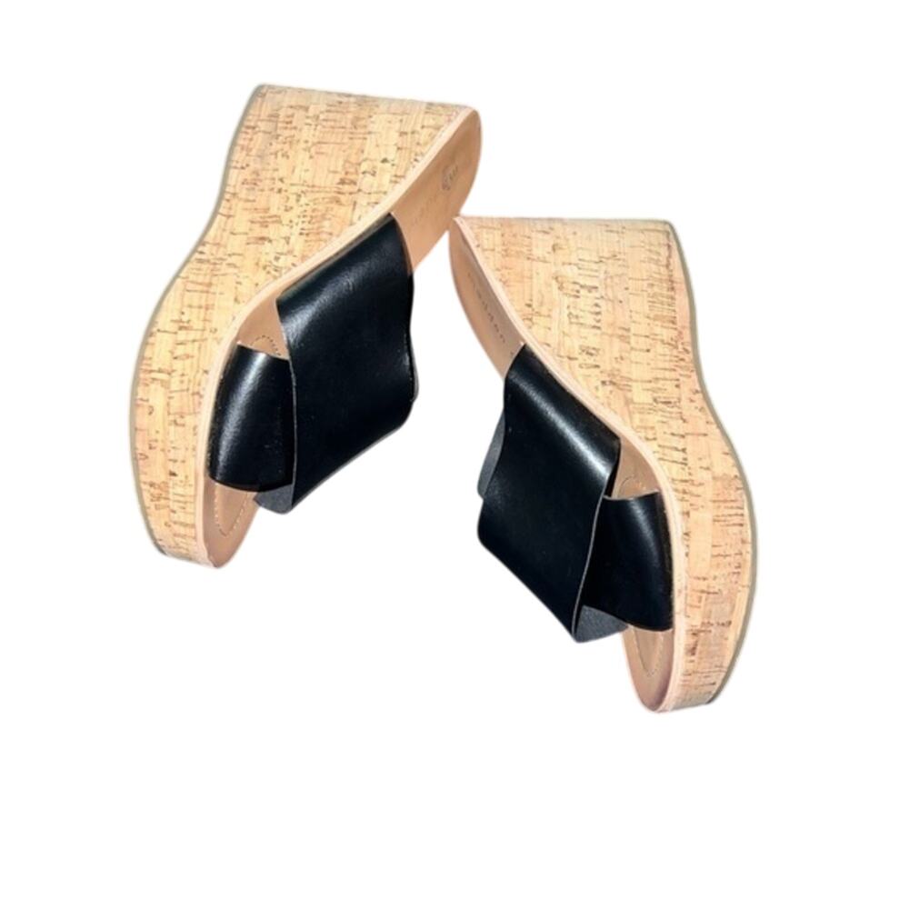 UEC MADDEN GIRL BLACK SLIP ON TAN CORK HEELED WEDGE SANDALS SIZE 8